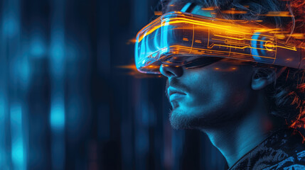 VR Technology. Man wearing a virtual reality headset and experiencing immersive digital content.