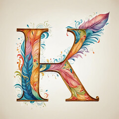 Ornate Watercolor Feather Illustration of Alphabet V in Bright Colors