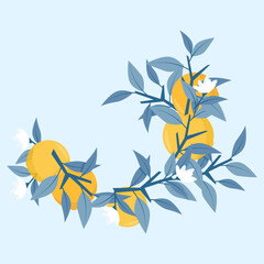 Beautiful minimalistic blue branch with oranges