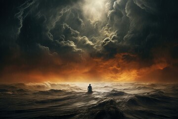 Fototapeta na wymiar Person standing in front of storm. Sea sunset. Generate Ai