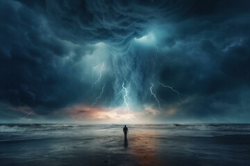 Determined Person standing in front of storm. Sea sunset. Generate Ai - Powered by Adobe