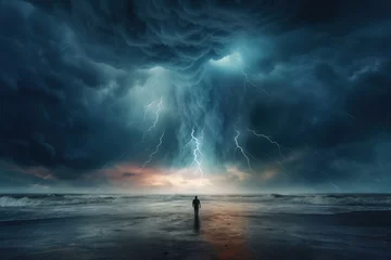 Gardinen Determined Person standing in front of storm. Sea sunset. Generate Ai © juliars