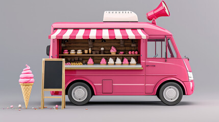 Ice cream food truck, isolated van, cartoon car for street food icecream Automobile cafe on wheels with ice cream assortment, loudspeaker on rood and chalkboard, 3d illustration.