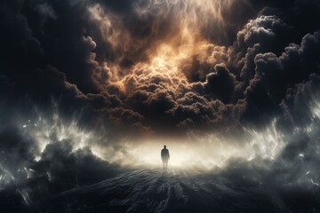 Awe-struck Person standing in front of storm. Sea sunset. Generate Ai