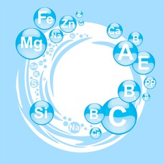 Multi Vitamin complex icons. Vitamin A, B1, B2, B6, B9, B12, C, D, E, K, PP, Mg, Si, Fe, Zn, Cu multivitamin supplement logo, isolated blue background. Medical image. Bubbles.  illustration