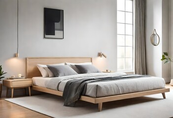 Fototapeta na wymiar Wooden bed in room with long window 