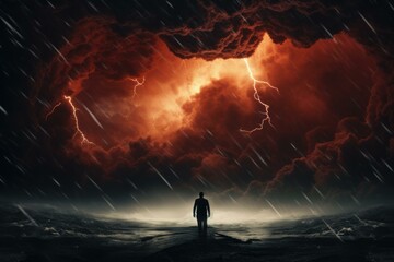 Brave Person standing in front of storm. Sea sunset. Generate Ai