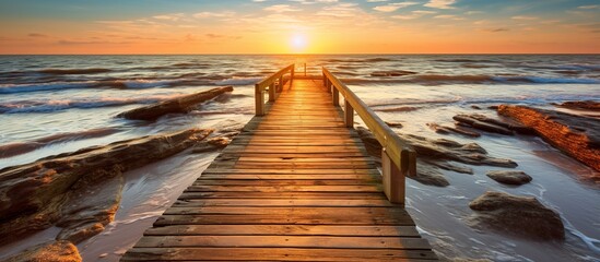 Wooden walkway in the middle of the beach with the blue sea - obrazy, fototapety, plakaty