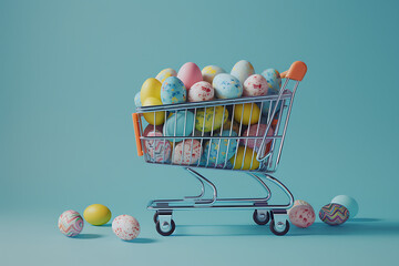 a shopping cart filled with easter eggs on a light bl - obrazy, fototapety, plakaty