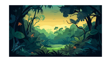 Tropical Jungle with Water and Mountains at Sunset