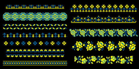 Ukrainian ornaments,patterns,borders in national colors on black in pixel style
