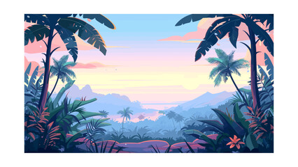 Fototapeta na wymiar Tropical Jungle with Water and Mountains at Sunset