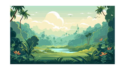 Fototapeta na wymiar Tropical landscape with palm trees and mountains. Vector illustration