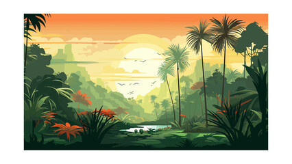 Fototapeta na wymiar Beautiful tropical jungle landscape with exotic plants and flowers. Vector illustration