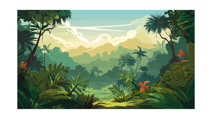 Beautiful tropical jungle landscape with exotic plants and flowers. Vector illustration