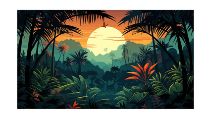 Fototapeta na wymiar Beautiful tropical jungle landscape with exotic plants and flowers. Vector illustration