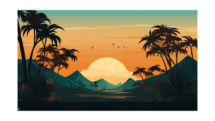 Obraz premium Beautiful tropical jungle landscape with exotic plants and flowers. Vector illustration