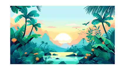Beautiful tropical jungle landscape with exotic plants and flowers. Vector illustration