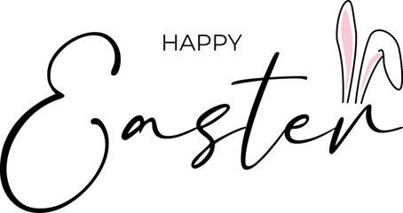 Handwritten "Happy Easter" with an outline of a bunny ear on a transparent background. Vector Easter card for your design. Vector EPS 10