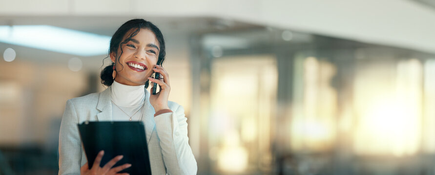 Business woman, tablet and phone call in night, office and networking for deal, lead and smile for negotiation. Entrepreneur, smartphone and digital touchscreen with conversation, contact and chat
