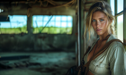 A female war photographer with blonde hair and blue eyes stands in a destroyed room with broken windows.