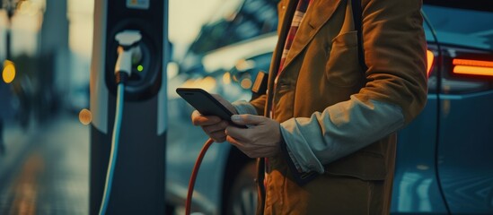 A man holding mobile phone and charging electric car at charging station at evening. AI generated - obrazy, fototapety, plakaty