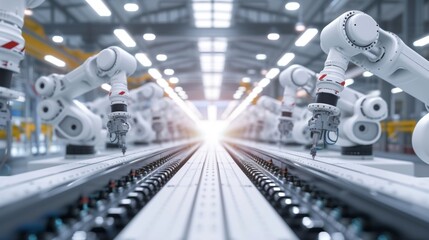 An assembly line of robotic arms each performing a specific customizable task in a large industrial facility.