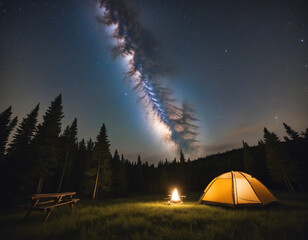 Stargazing in a tent beneath the Milky Way with twinkling stars in the backdrop.
