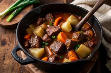 Hearty beef stew simmering in a cast iron pot, filled with tender chunks of meat and vegetables - obrazy, fototapety, plakaty