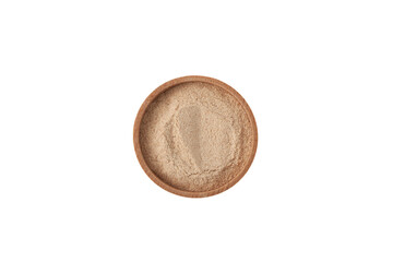 Psyllium coarse flour in wooden bowl on white background, top view. Psyllium (Ispaghula) Husk. Dietary Fiber Food Supplement are sold mainly to aid weight loss