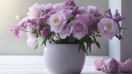 A serene scene featuring a beautifully arranged pot of vibrant flowers placed on a wooden table against a soft pink background.