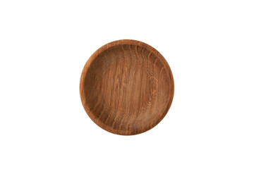 Wooden empty bowl on white background, top view. Design element. Wooden deep dish