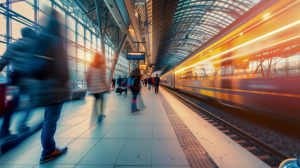 Motion blurred of passengers walking at modern train station.