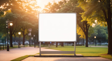 Blank white digital sign billboard poster mockup, blurred background