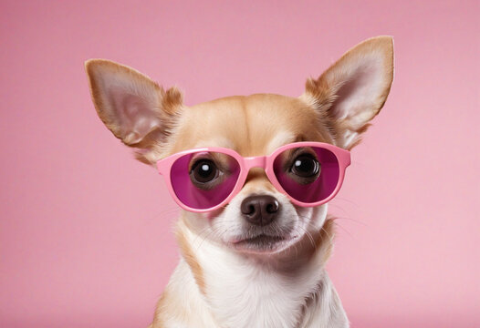 adorable chihuahua wearing pink sunglasses on pink studio background, cute portrait of chihuahua dog