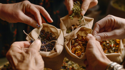 Close-up shot of hands of different ages crafting herbal sachets and potpourri to give as gifts, dynamic and dramatic composition, with copy space - obrazy, fototapety, plakaty