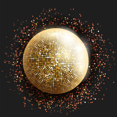 Golden Disco ball black background,3d style vector