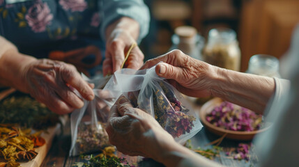 Close-up shot of hands of different ages crafting herbal sachets and potpourri to give as gifts, dynamic and dramatic composition, with copy space - obrazy, fototapety, plakaty