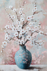 a vase with white cherry blossoms on a pale backgroun