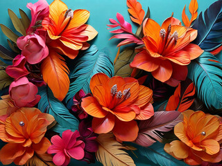 Vibrant Tropical Flowers and Feathers Artwork for Home Decor
