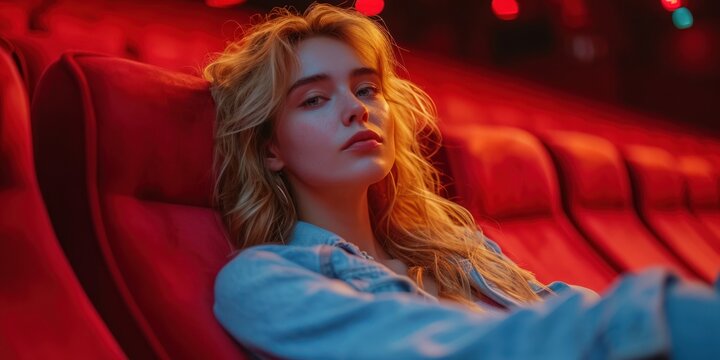 A girl is sitting in a movie theater waiting for a movie session. The viewer in the cinema