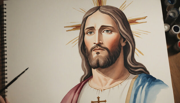 Painted portrait of Jesus Christ with empty space for text