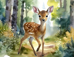little deer fawn on the ice and in the forest, watercolor drawing for children