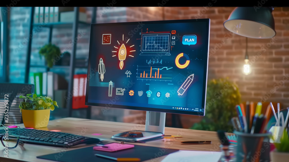 Poster a vibrant and creative workstation with a computer monitor displaying a colorful planning graphic an