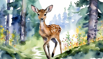 little deer fawn on the ice and in the forest, watercolor drawing for children