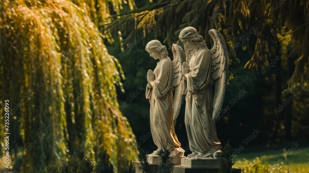 Wall mural a pair of mourning angels standing near a weeping willow tree their wings folded behind them as they