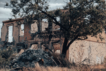 destroyed houses in an abandoned city without people in Ukraine
