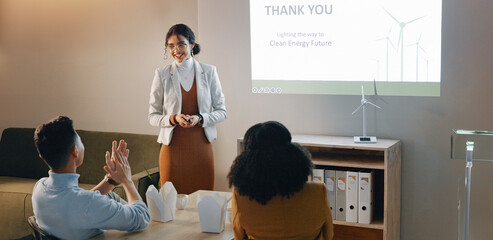 Applause, woman and presentation with workshop, eco friendly and research with corporate training,...