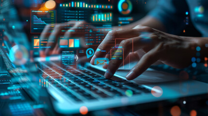 person's hands are seen typing on a laptop keyboard, with futuristic digital graphics of charts, graphs, and data analytics floating above the computer screen.