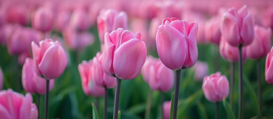 Obraz premium A picturesque scene of lush pink tulips blooming beautifully in the middle of a vast and serene field